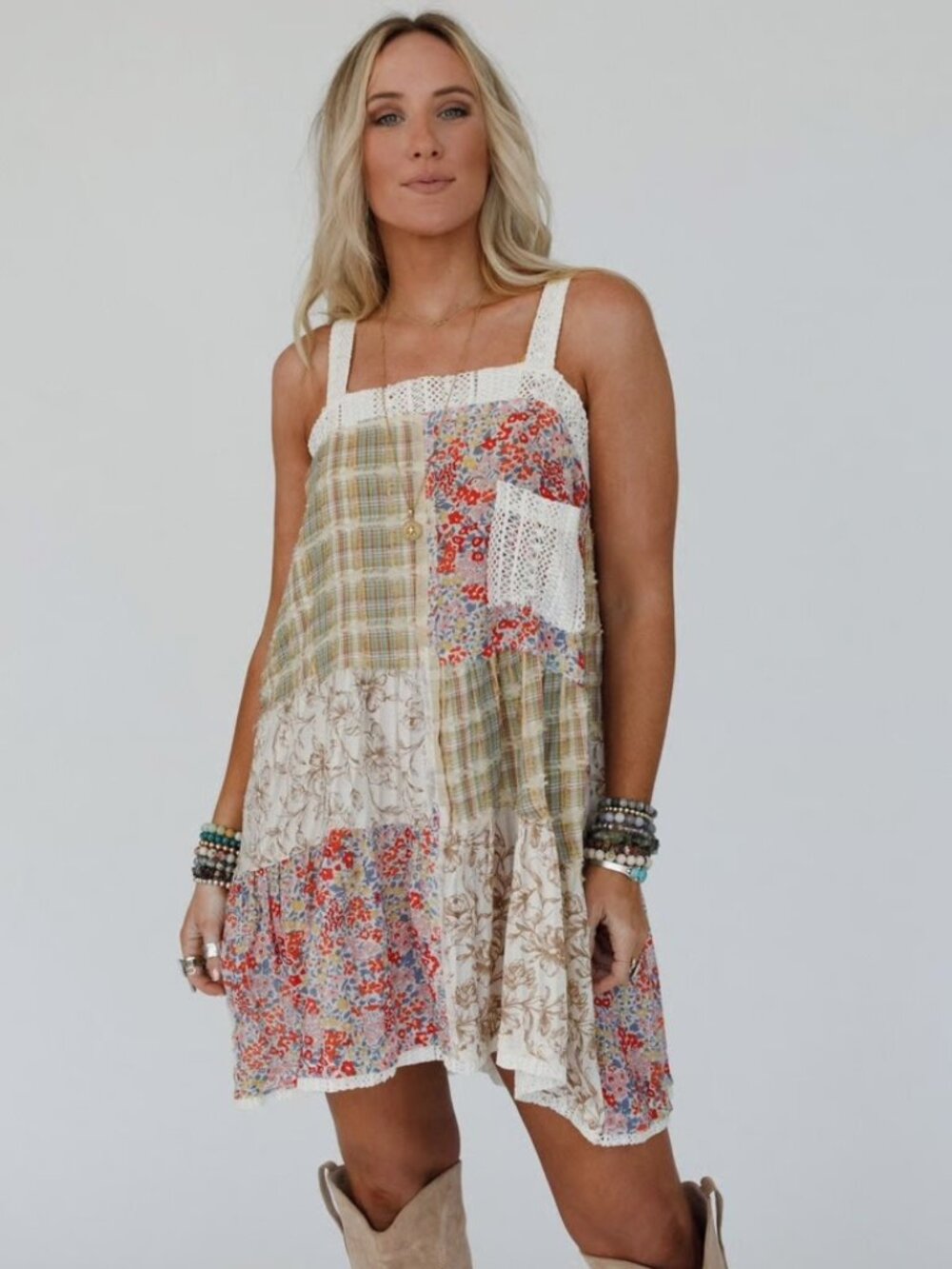 POL Golden Fields Patchwork Boho Dress Floral & Plaid Size M Cottagecore